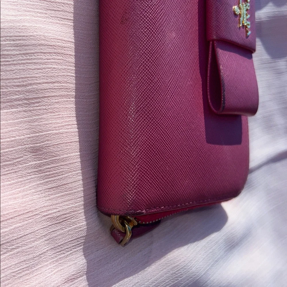 Prada Pink Fuchsia Bow Saffiano Leather  Zippy Wallet